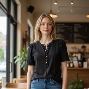 Nation LTD Black Puff Sleeve Button-Front Tee